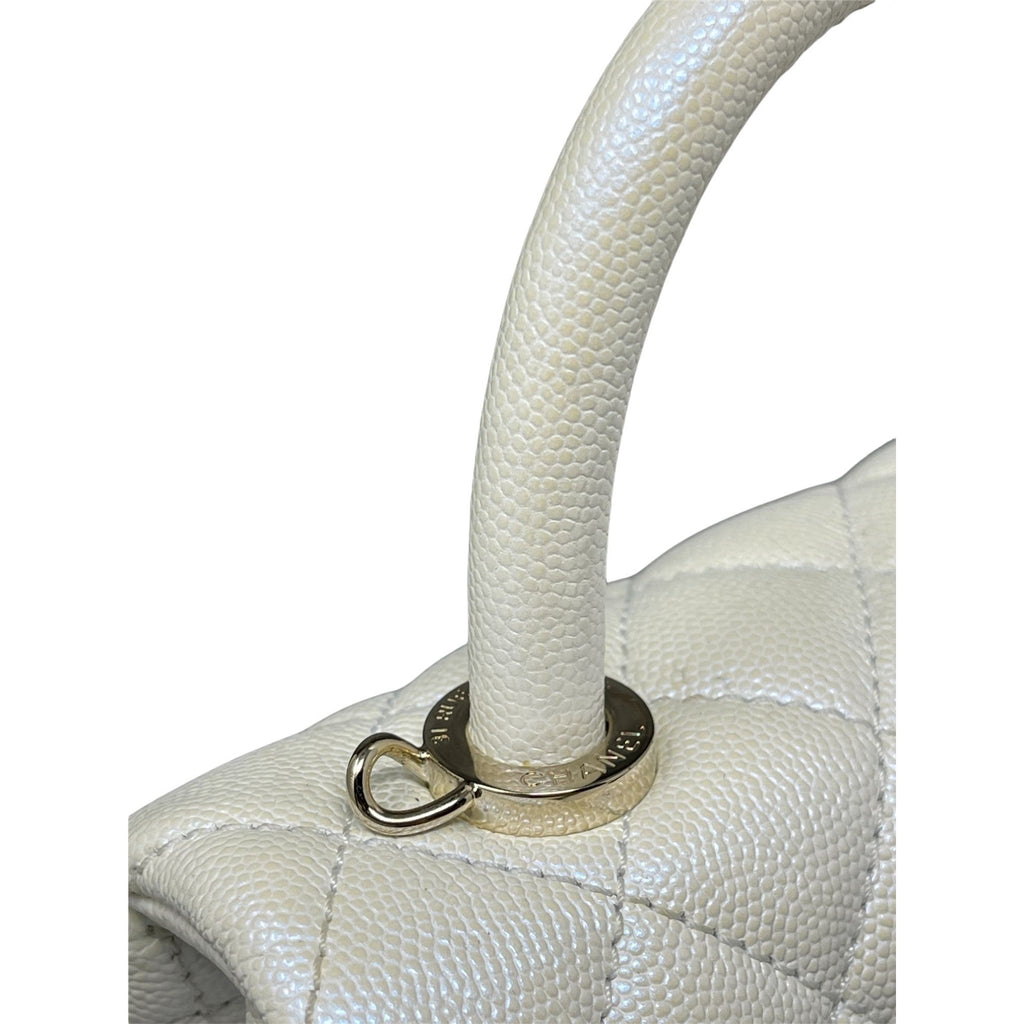 Chanel Coco Top Handle Bag Quilted Iridescent Caviar Extra Mini Ivory