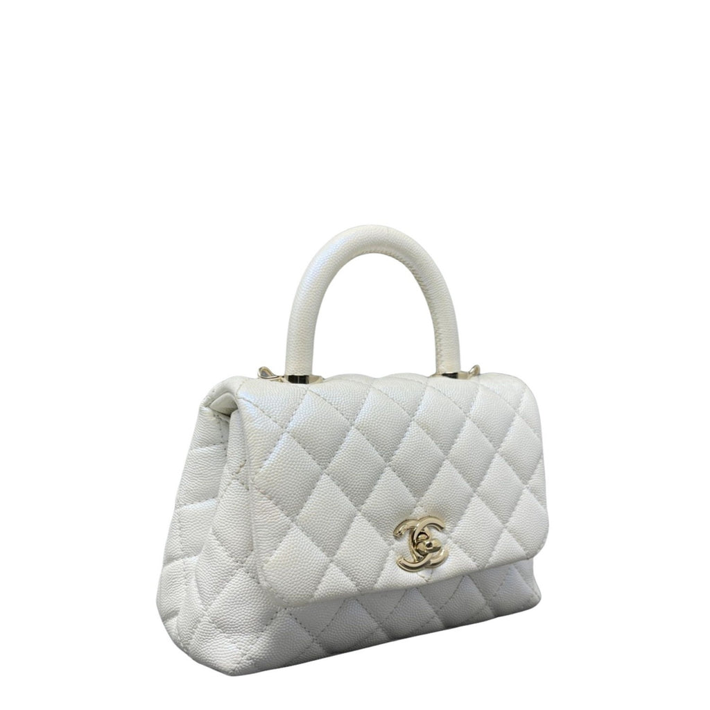 CHANEL Iridescent Caviar Quilted Extra Mini Coco Handle Flap White 660589