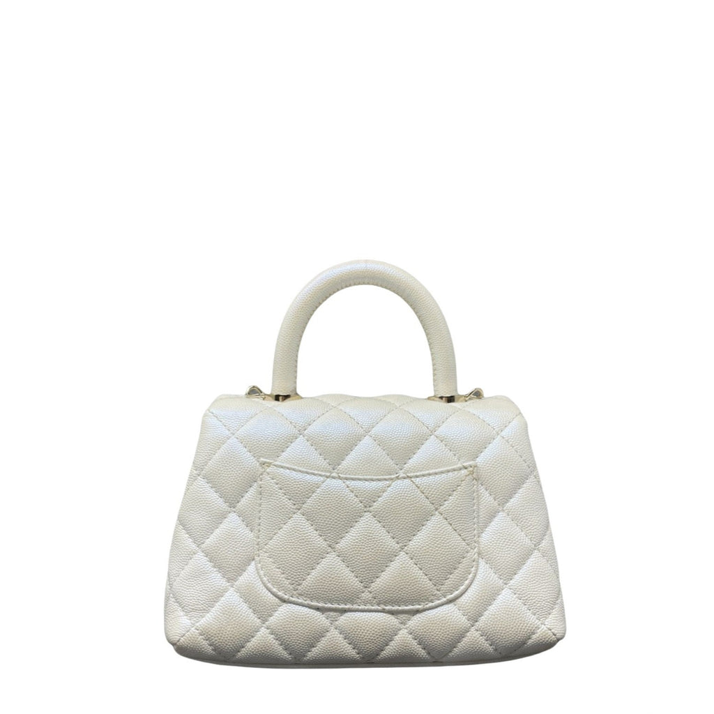 Chanel Coco Top Handle Bag Quilted Iridescent Caviar Extra Mini Ivory