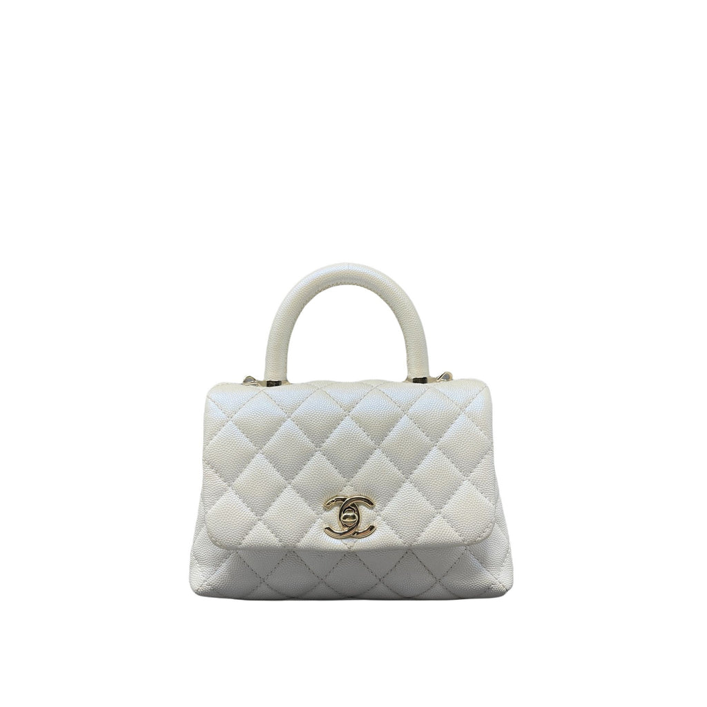 Chanel Coco Top Handle Bag Quilted Iridescent Caviar Extra Mini Ivory